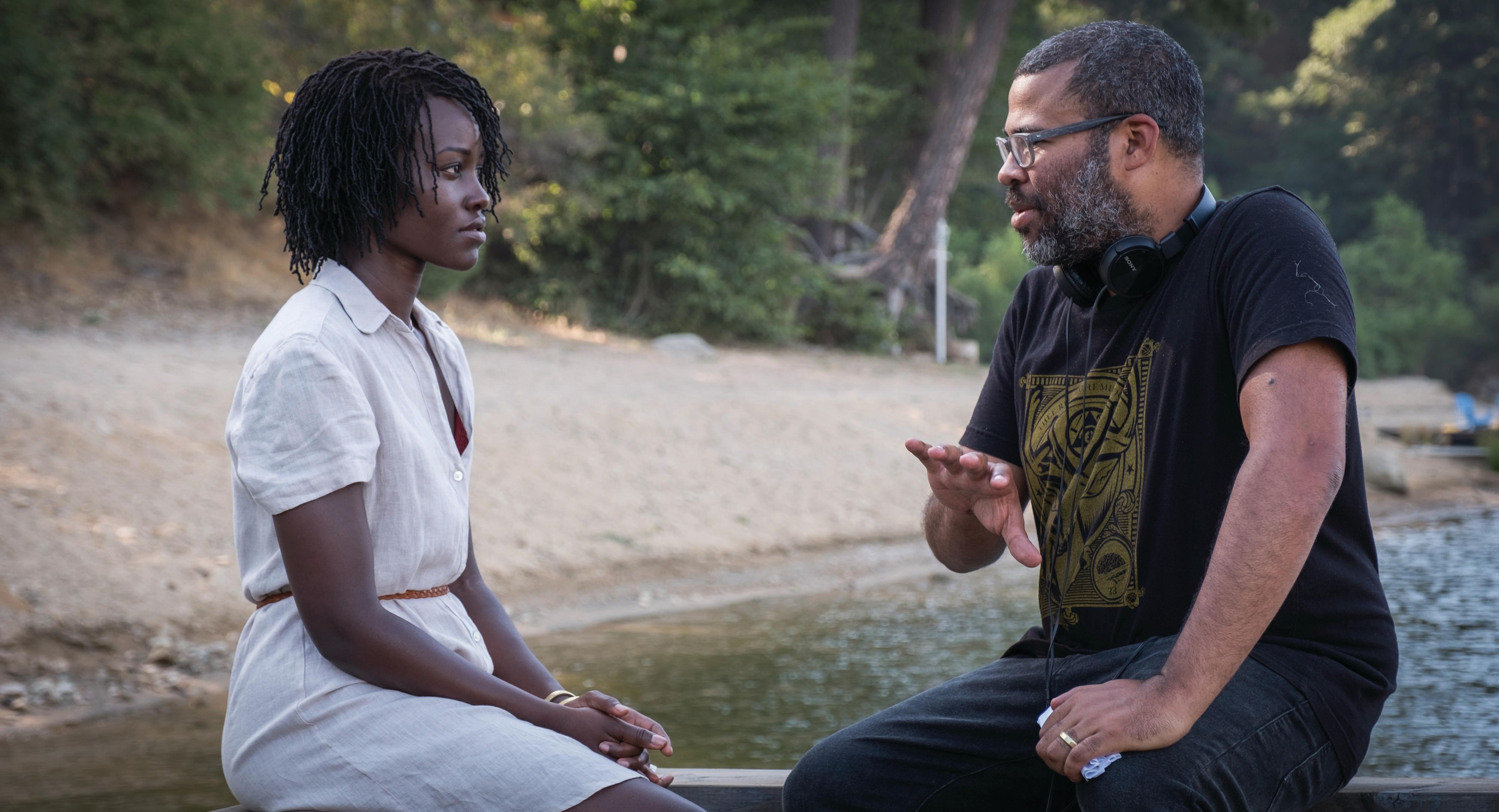 lupita nyongo and jordan peele on the set of 