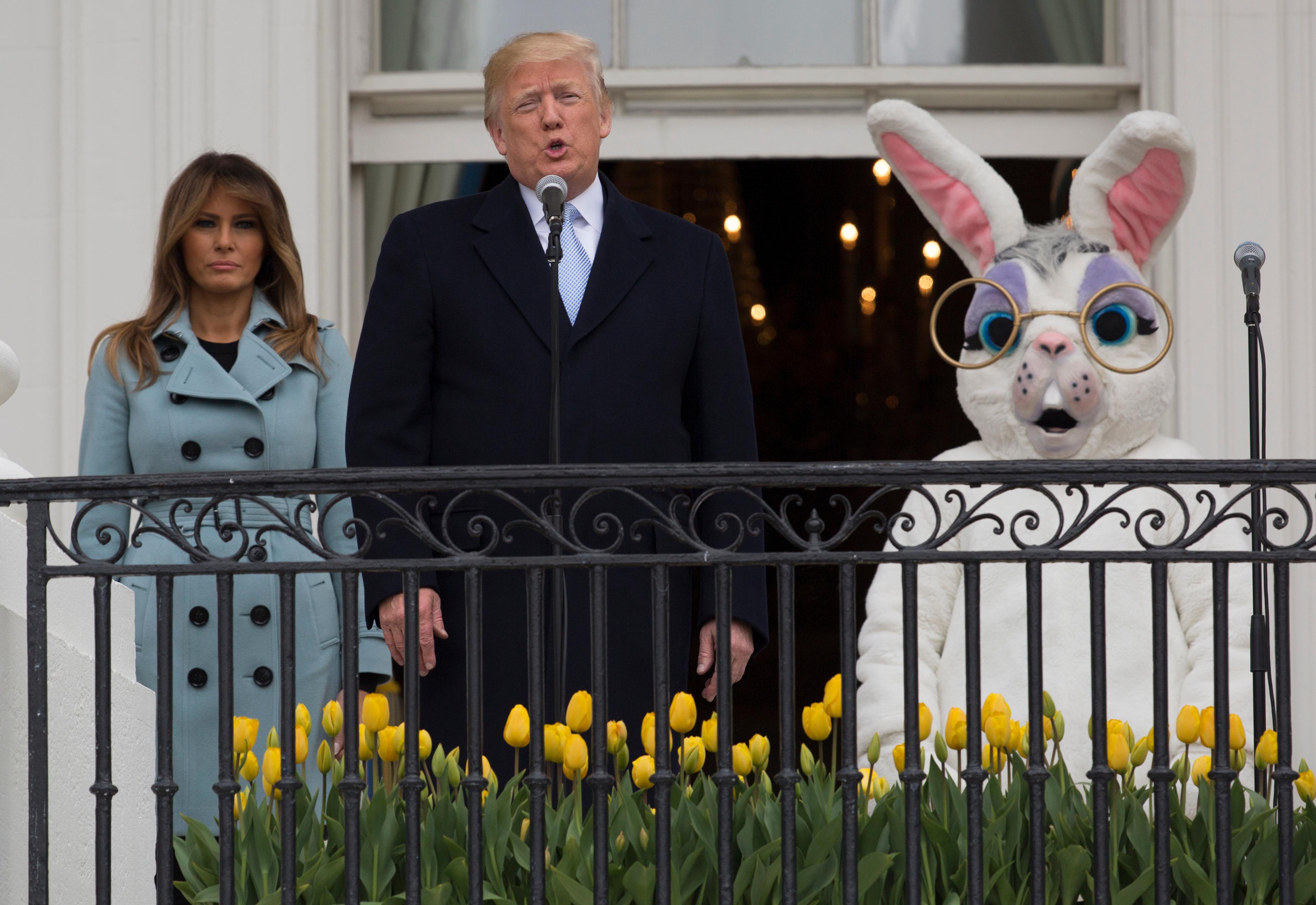 president donald trump, joined by the easter bunny and first